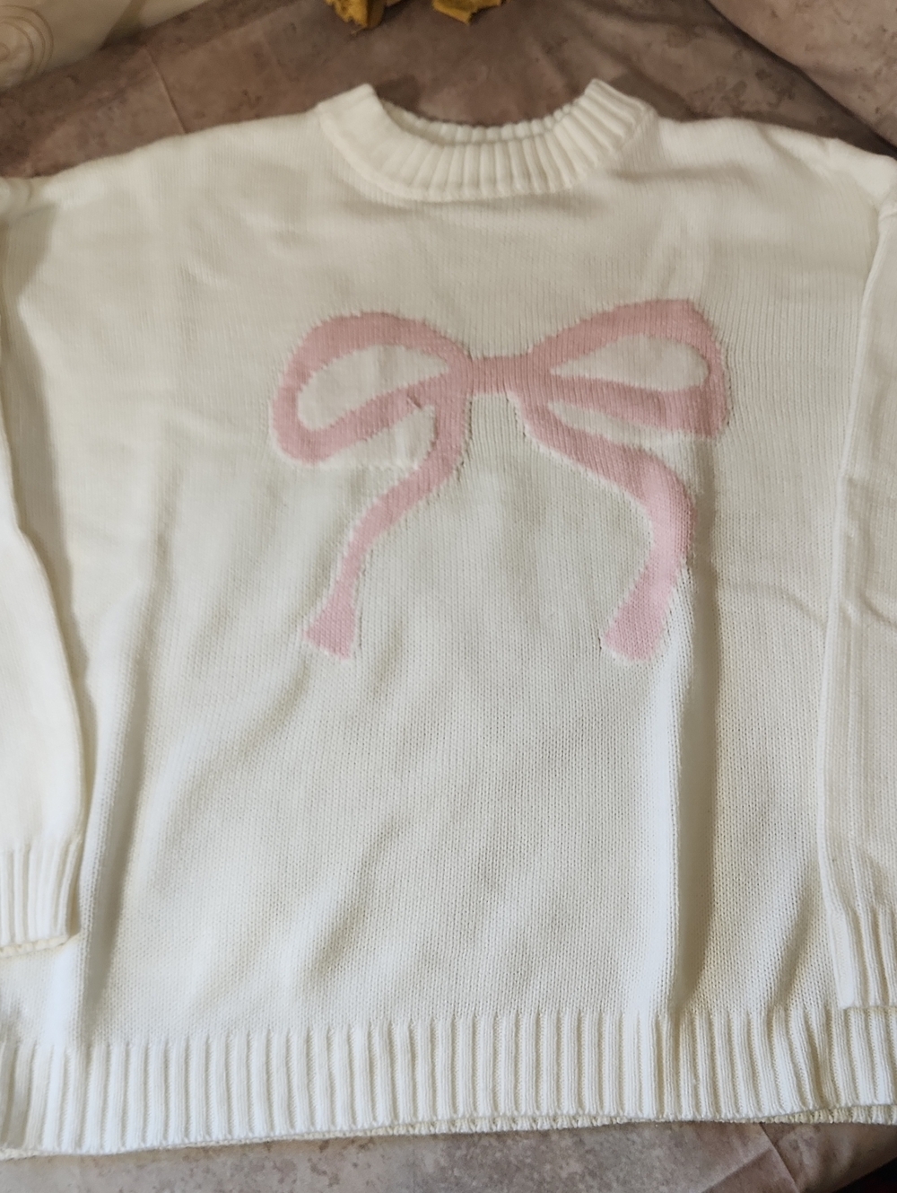 Women's White Crewneck Sweater with Pink Bow Detail